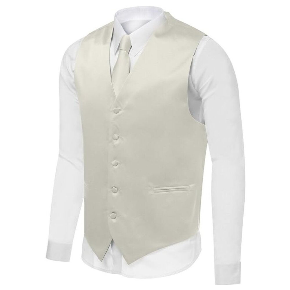 Retro Men's Ivory Formal Tux Vest Set w/Neck Tie, Pocket Square - Fits Men's M-L